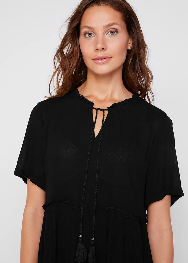 Robe en crépon de viscose, longueur genou, détail encolure • noir • product-page.page-title-suffix