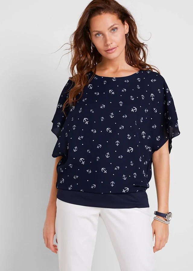 Blouse en georgette, manches courtes, Couleur: bleu foncé/blanc imprimé