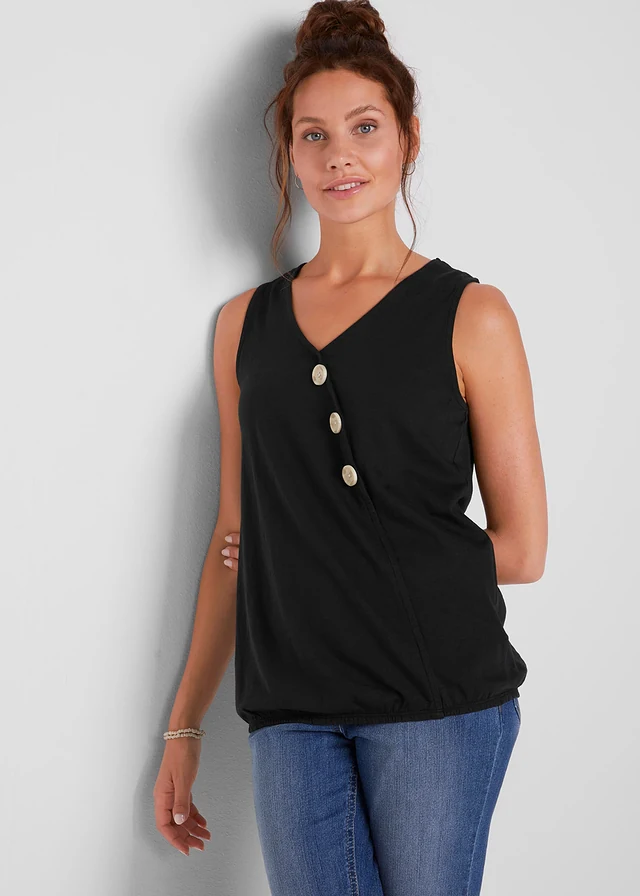 Top en coton style cache-cœur à base élastiquée, Couleur: noir