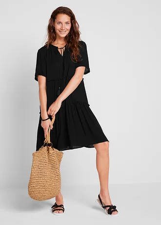 Knielange viscose crinkle jurk met strikkoordjes, Kleur: zwart