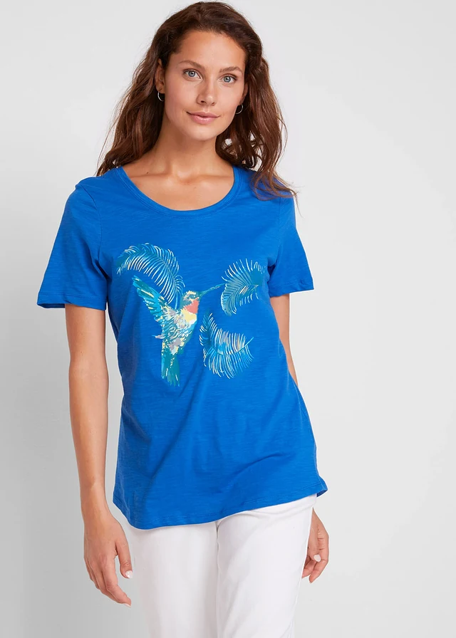 T-shirt coton à imprimé, Couleur: bleu azur imprimé