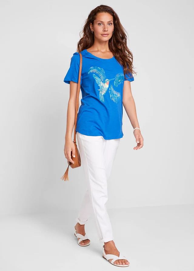T-shirt coton à imprimé, Couleur: bleu azur imprimé
