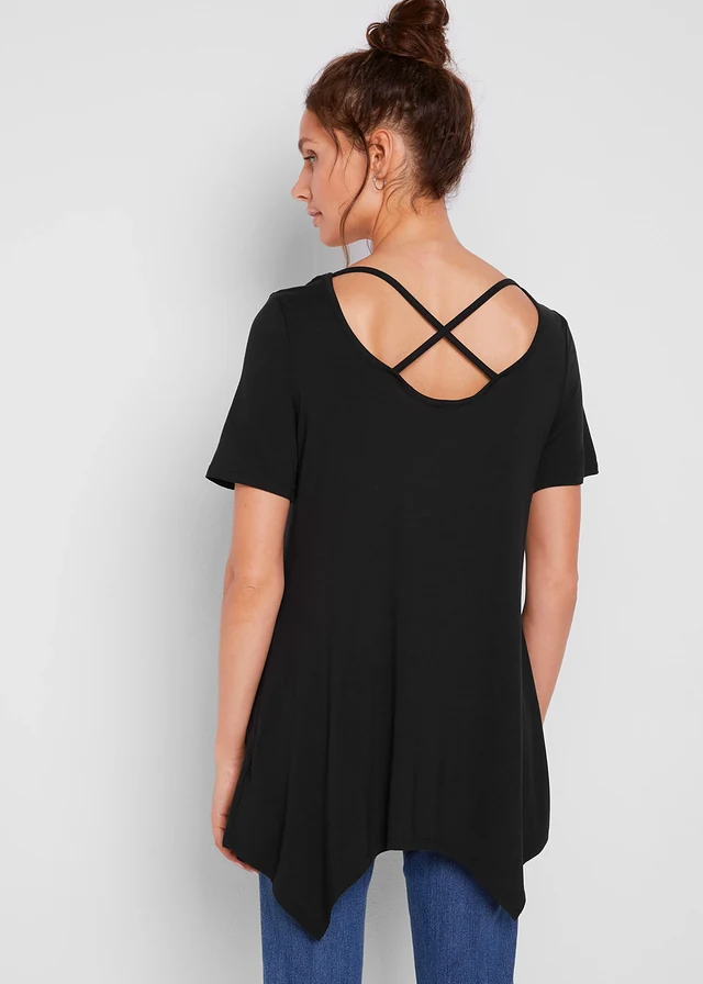 T-shirt long à pans, manches courtes, Couleur: noir