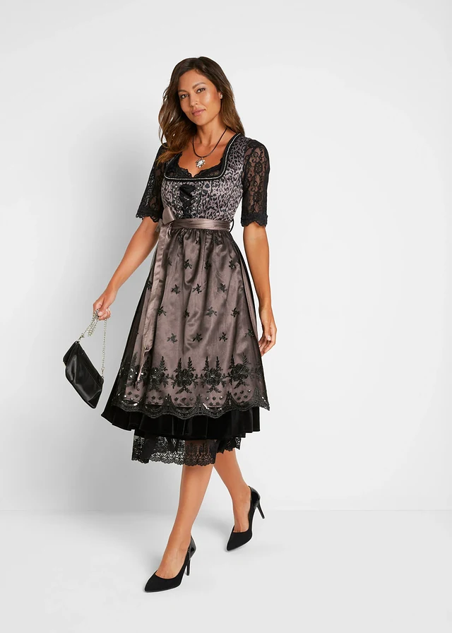 Dirndl met luipaardpatroon en schort (2-dlg. set), Kleur: zwart gedessineerd
