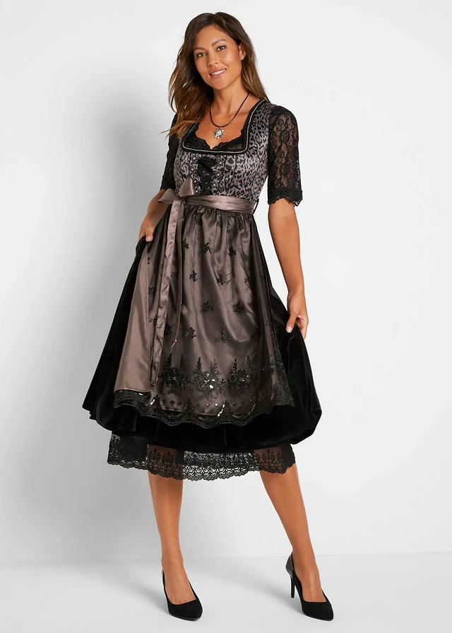 Dirndl met luipaardpatroon en schort (2-dlg. set), Kleur: zwart gedessineerd