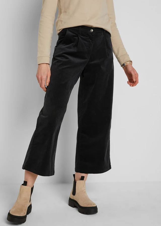 Jupe-culotte en velours côtelé stretch avec taille haute confortable, longueur 7/8, Couleur: noir