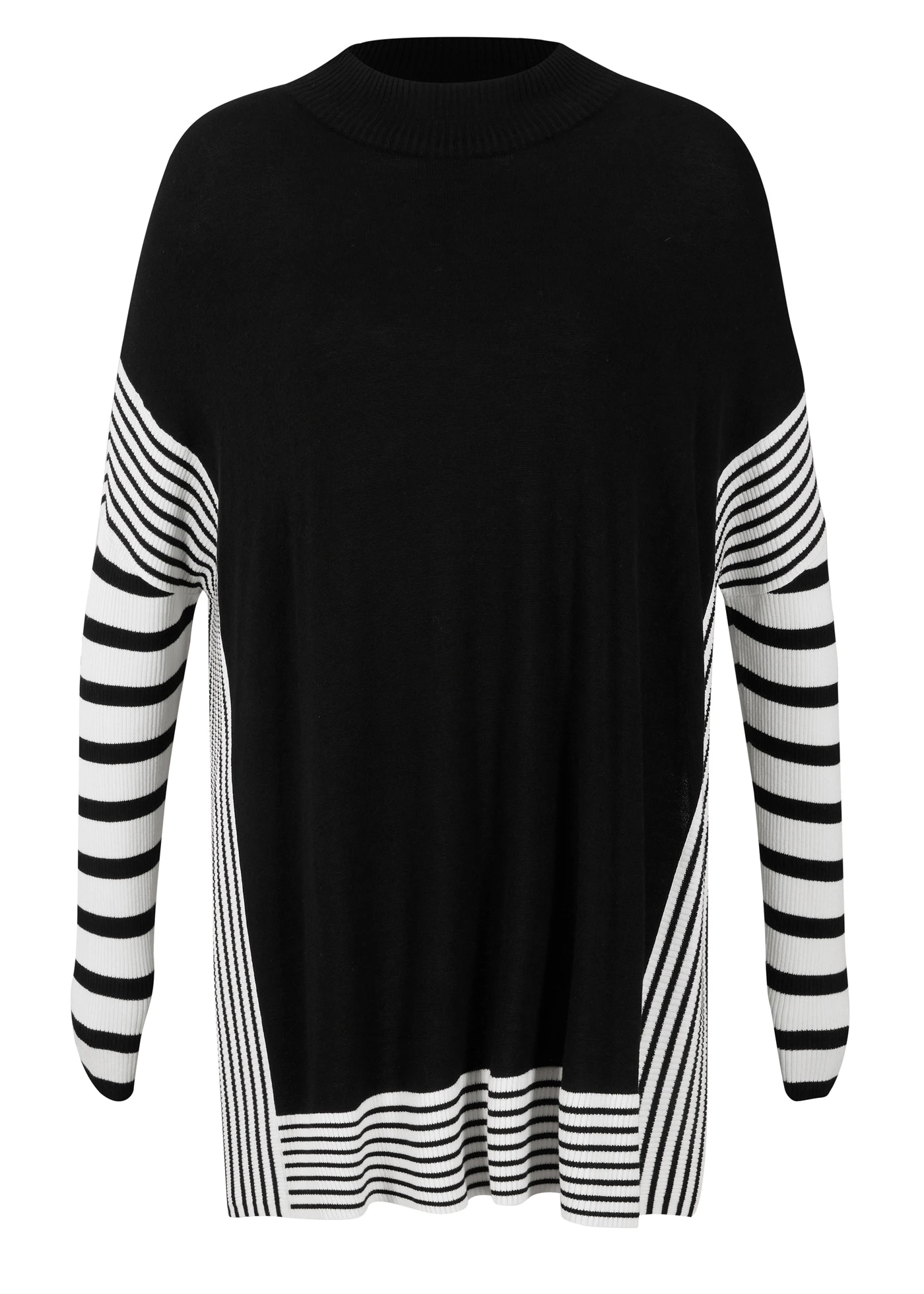 Pulover lung • negru/ecru dungat • magazin bonprix