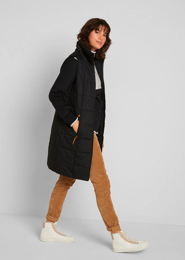 Lange bodywarmer met opstaande kraag, Kleur: zwart