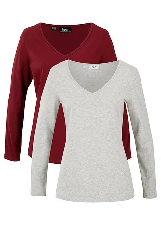 Longsleeve met V-hals (set van 2), Kleur: robijnrood+lichtgrijs gemêleerd