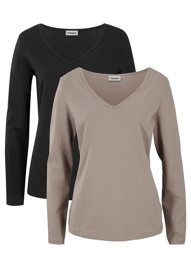 Longsleeve met V-hals (set van 2), Kleur: taupe+zwart
