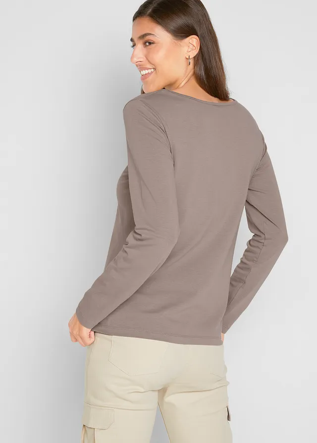 Longsleeve met V-hals (set van 2), Kleur: taupe+zwart