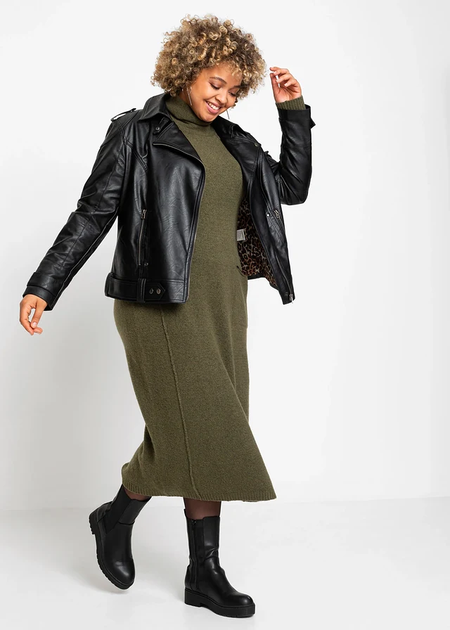 Robe en maille à col roulé, Couleur: olive foncé chiné