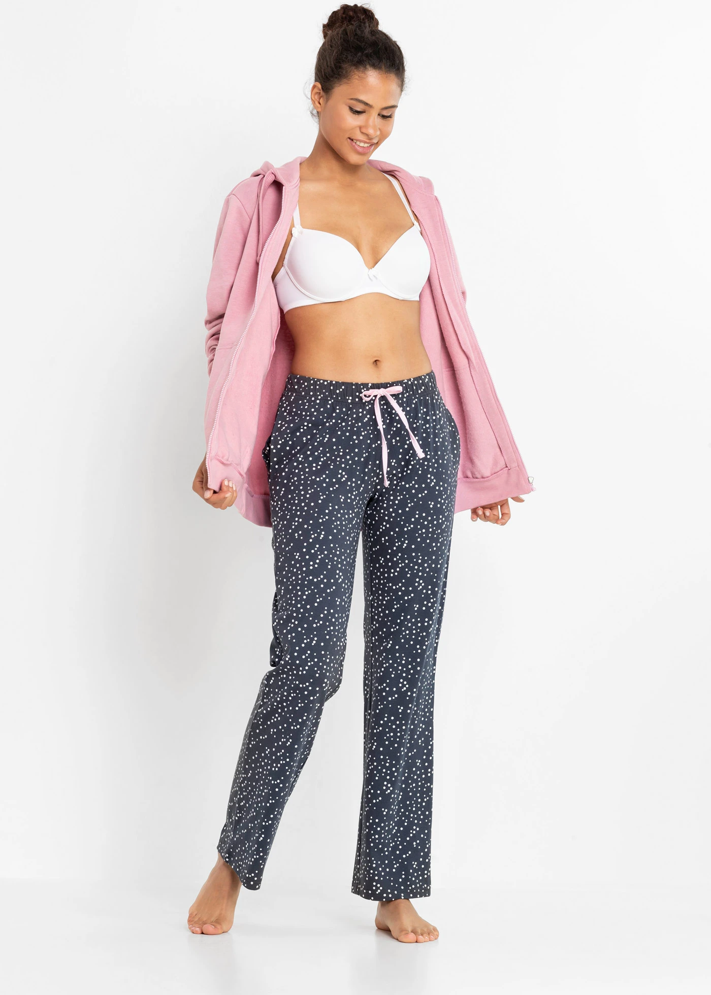 Pantaloni lungi de pijama din bumbac organic 100% (set/2 buc.) • albastru-gri cu puncte/roz pudrat • magazin bonprix