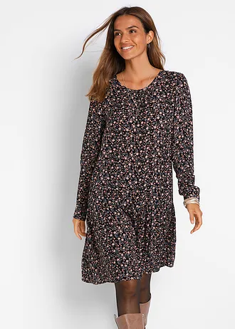 Jurk van soepele viscose, Kleur: zwart gebloemd