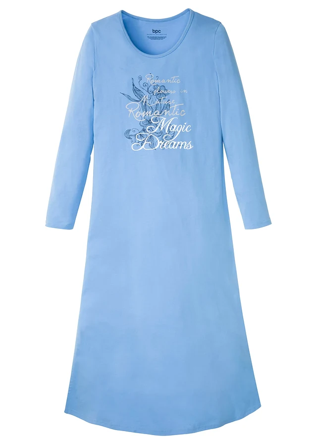 Chemise de nuit longue 100% coton, Couleur: bleu moyen imprimé