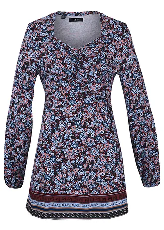 Shirt tuniek met bloemenmotief, Kleur: donkerblauw-rookperzik-kastanjerood-gentiaanblauw-wolwit-parelblauw-roodbruin-zwart