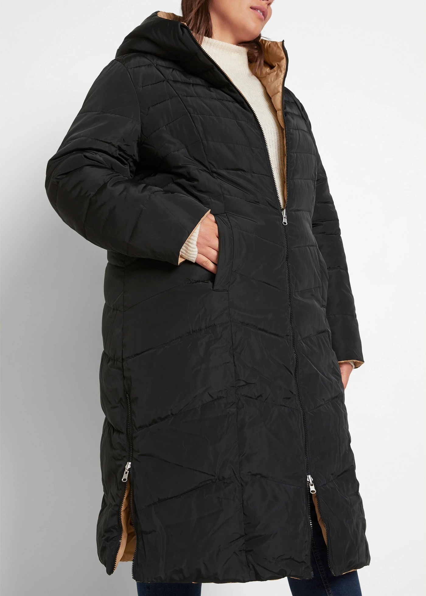 Lange gewatteerde jas, reversibel • zwart-cappuccino plus size • bonprix online shop