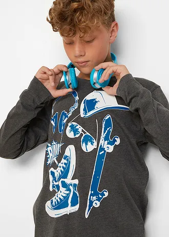 Triko s dlouhým rukávem a organickou bavlnou (2 ks v balení) • antracitový melír + azurově modrá • bonprix obchod