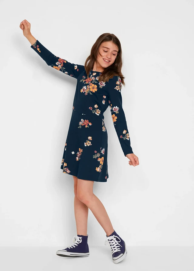 Jersey jurk van biologisch katoen, Kleur: donkerblauw gebloemd