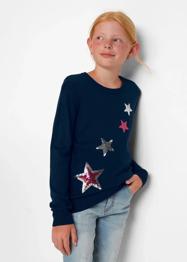Pull en fine maille à sequins, Couleur: bleu foncé