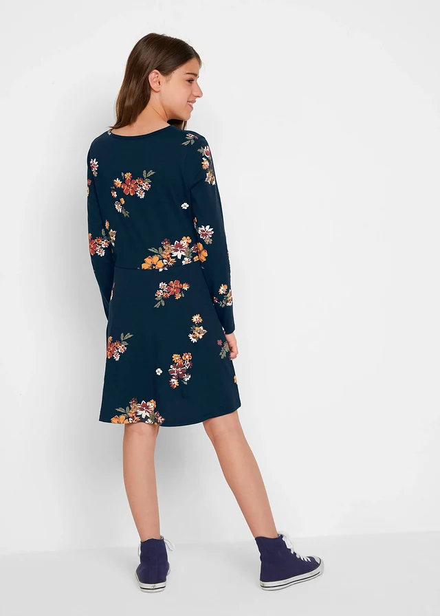 Jersey jurk van biologisch katoen, Kleur: donkerblauw gebloemd