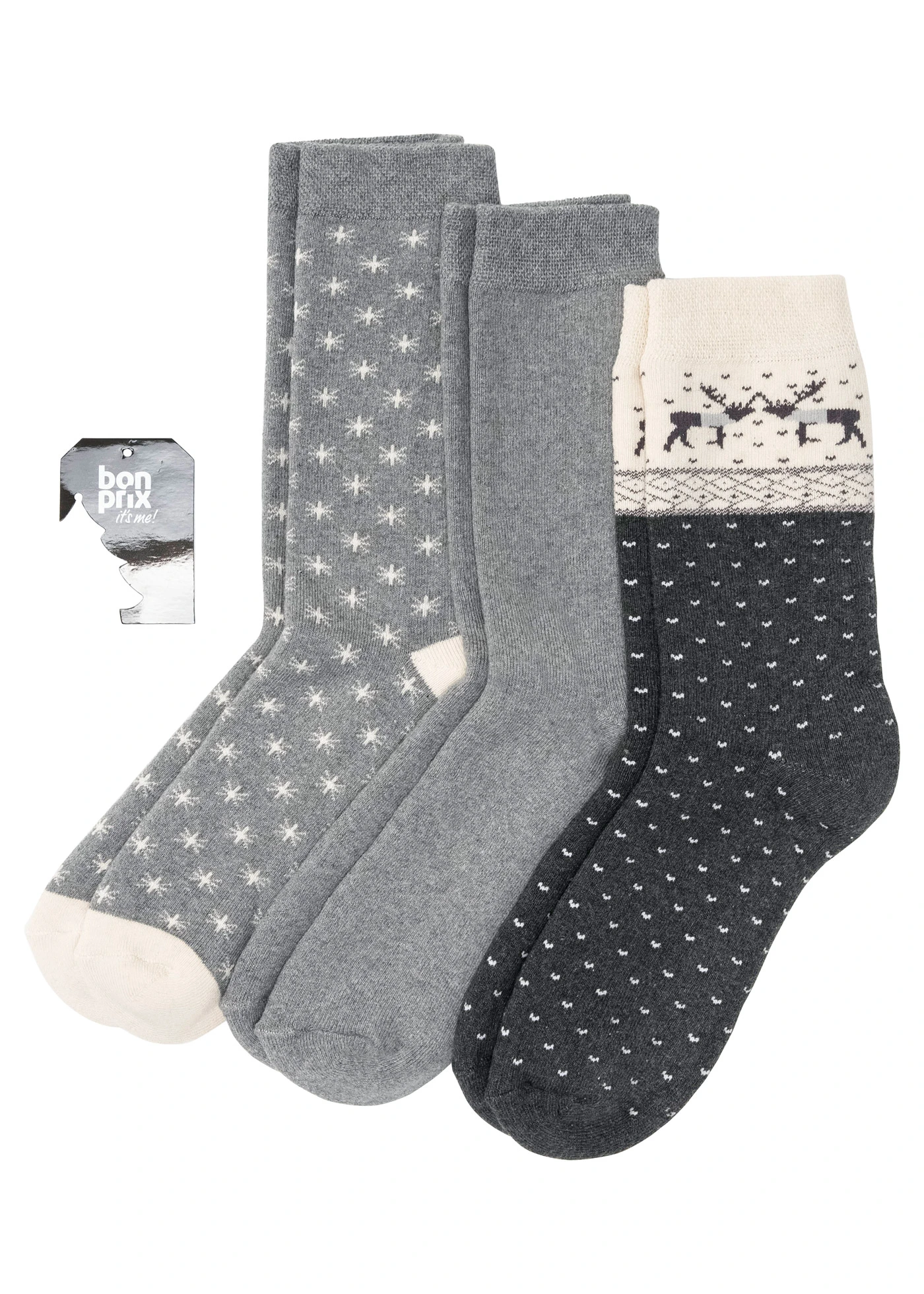 Thermosokken (3 paar) met winterdessin • grijs gemêleerd • bonprix online shop