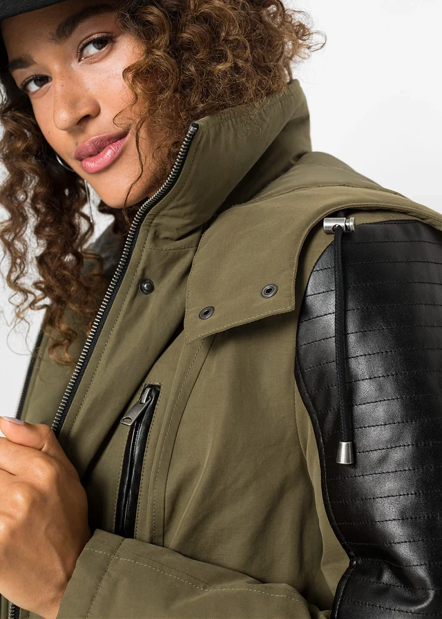 Parka met imitatieleer • kakigroen-zwart • product-page.page-title-suffix