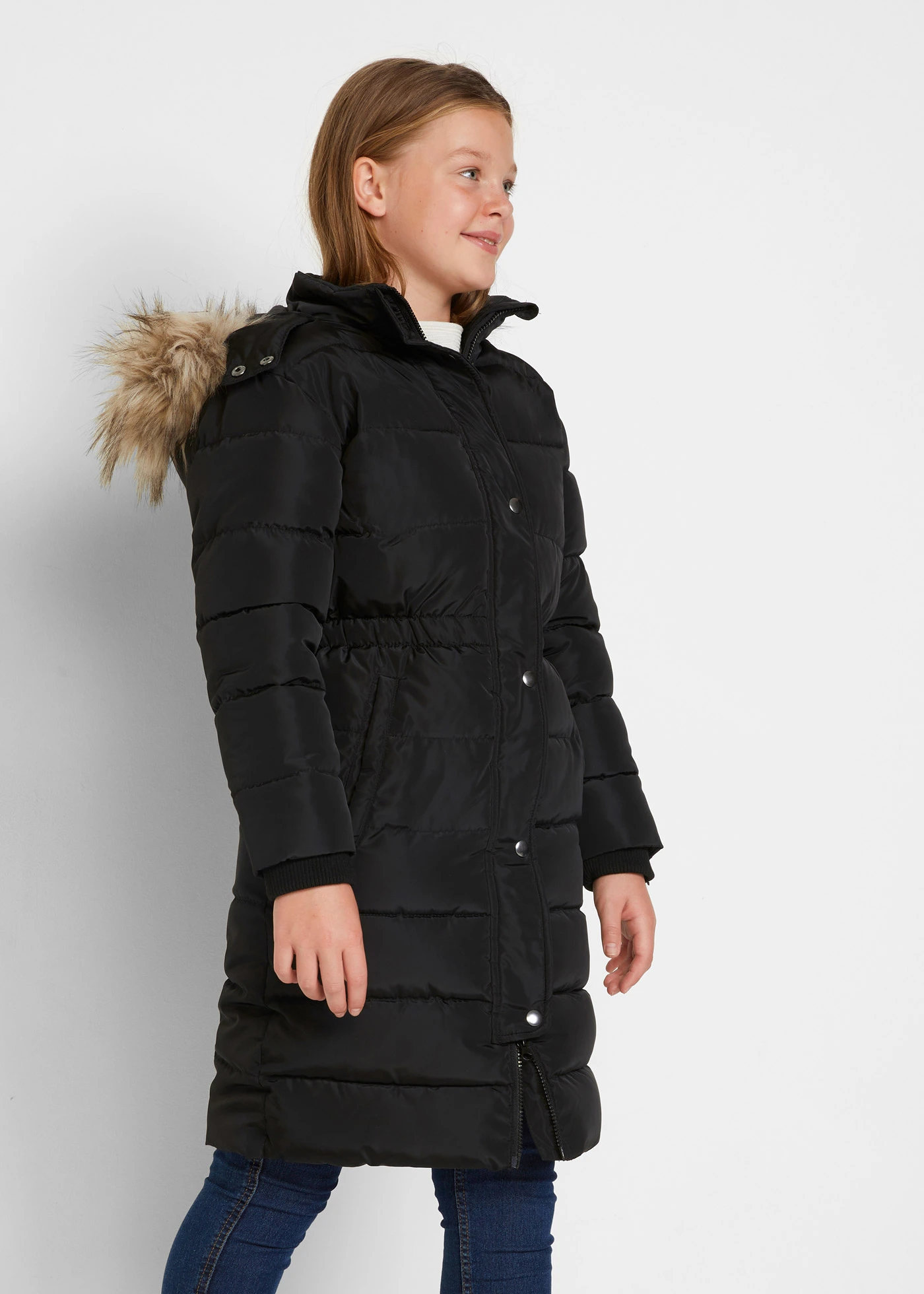 Lange gewatteerde winterjas met afneembare capuchon • zwart • bonprix online shop