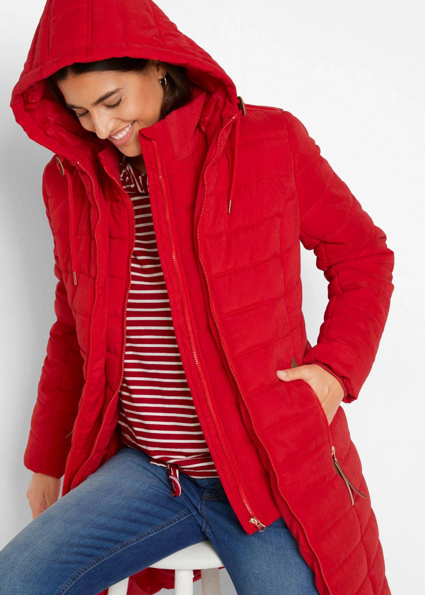 Lange gewatteerde jas, 2-in-1 look • dieprood • bonprix online shop