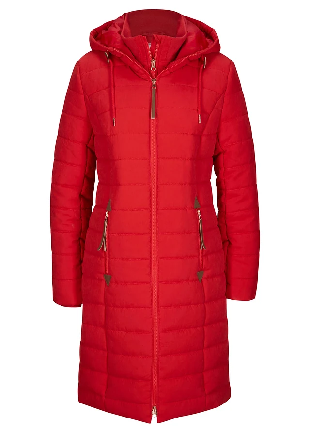 Lange gewatteerde jas, 2-in-1 look, Kleur: dieprood