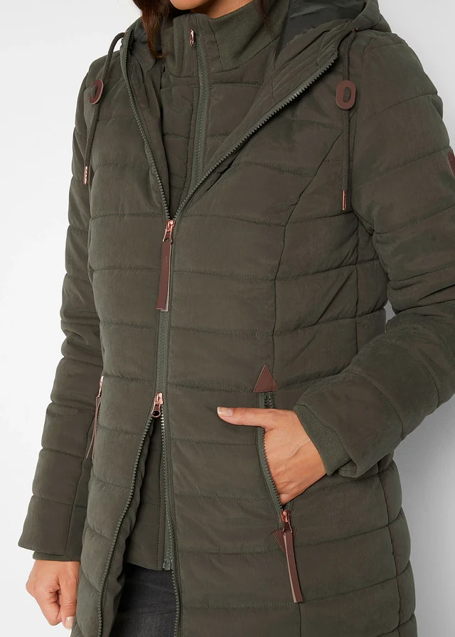 Lange gewatteerde jas, 2-in-1 look • donkerolijfgroen • product-page.page-title-suffix