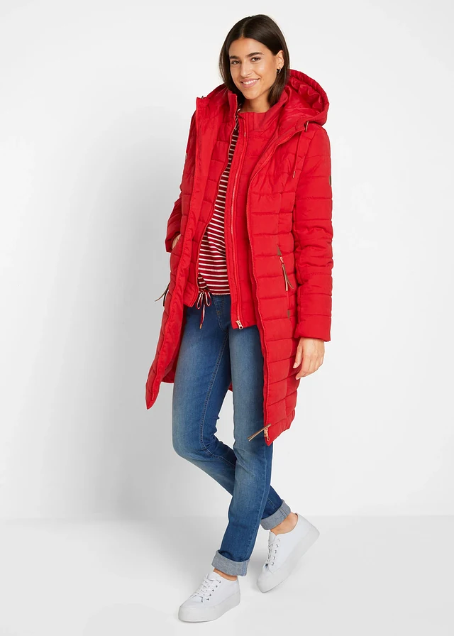 Lange gewatteerde jas, 2-in-1 look, Kleur: dieprood