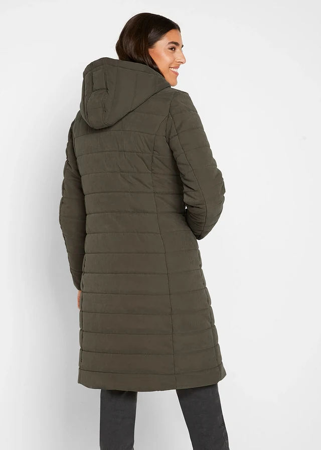 Lange gewatteerde jas, 2-in-1 look, Kleur: donkerolijfgroen