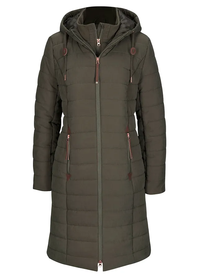 Lange gewatteerde jas, 2-in-1 look, Kleur: donkerolijfgroen