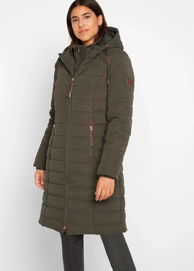 Lange gewatteerde jas, 2-in-1 look, Kleur: donkerolijfgroen