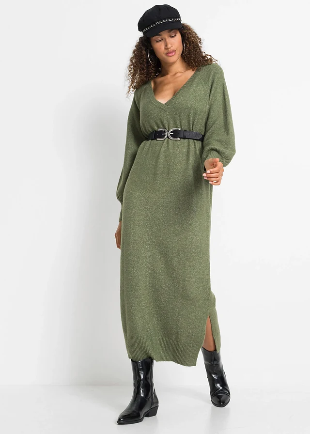 Gebreide oversized midi jurk, Kleur: donkerolijfgroen gemêleerd