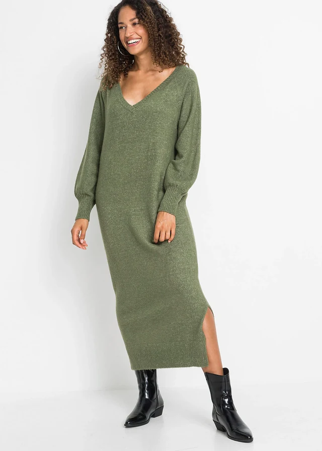 Gebreide oversized midi jurk, Kleur: donkerolijfgroen gemêleerd