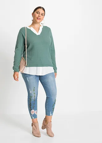 Fijngebreide trui met blouse-inzet, Kleur: rooksalie/wit