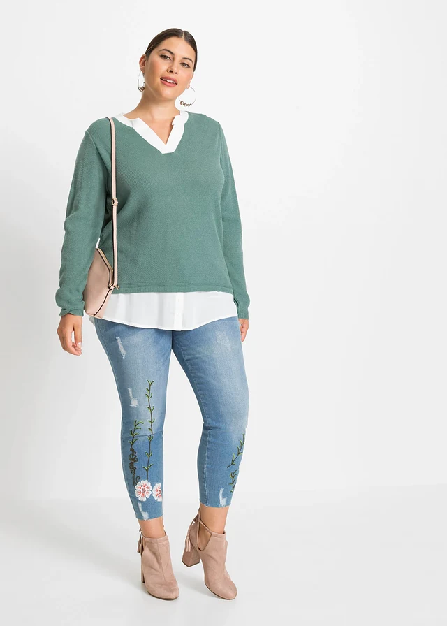Pull en fine maille avec empiècement chemisier, Couleur: sauge fumé -blanc