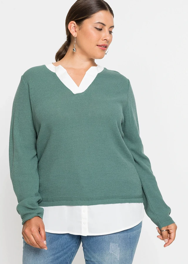 Pull en fine maille avec empiècement chemisier, Couleur: sauge fumé -blanc