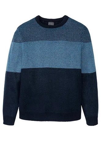 Pull col rond style color block, Couleur: bleu foncé rayé