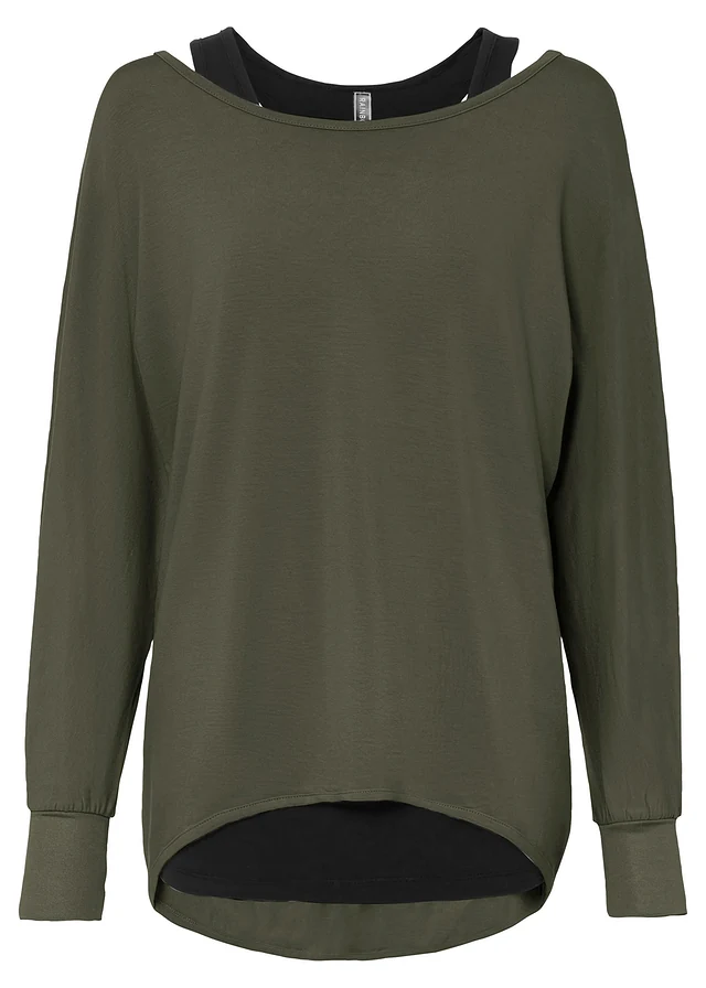 Longshirt en top in een viscosemix, Kleur: donkerolijfgroen-zwart