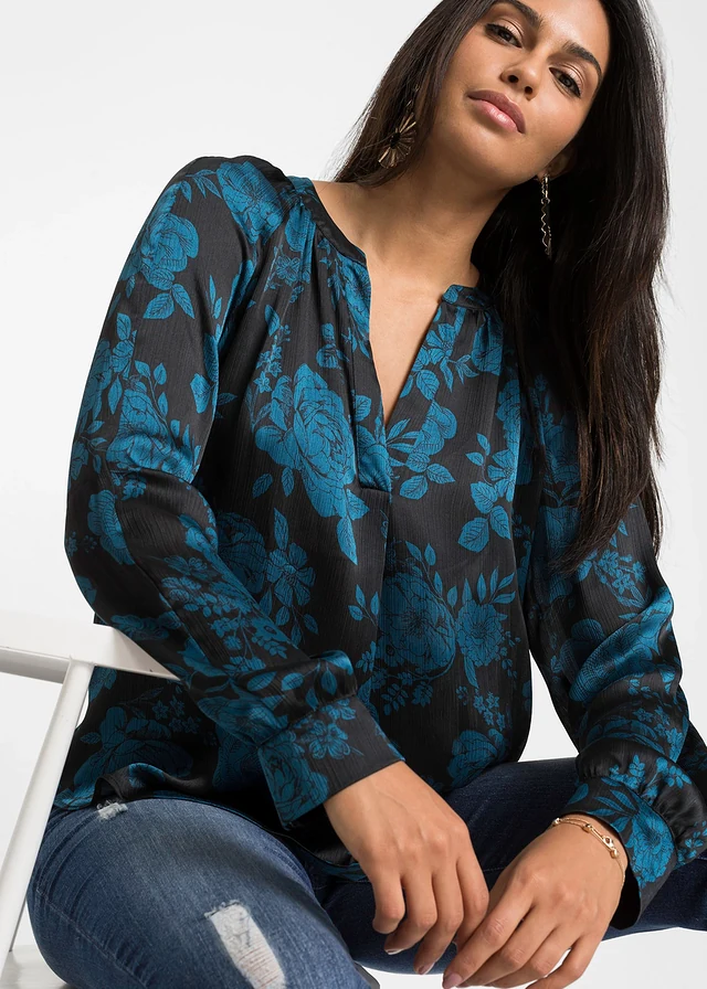 Tunique-blouse en crêpe léger • noir/pétrole floral • product-page.page-title-suffix