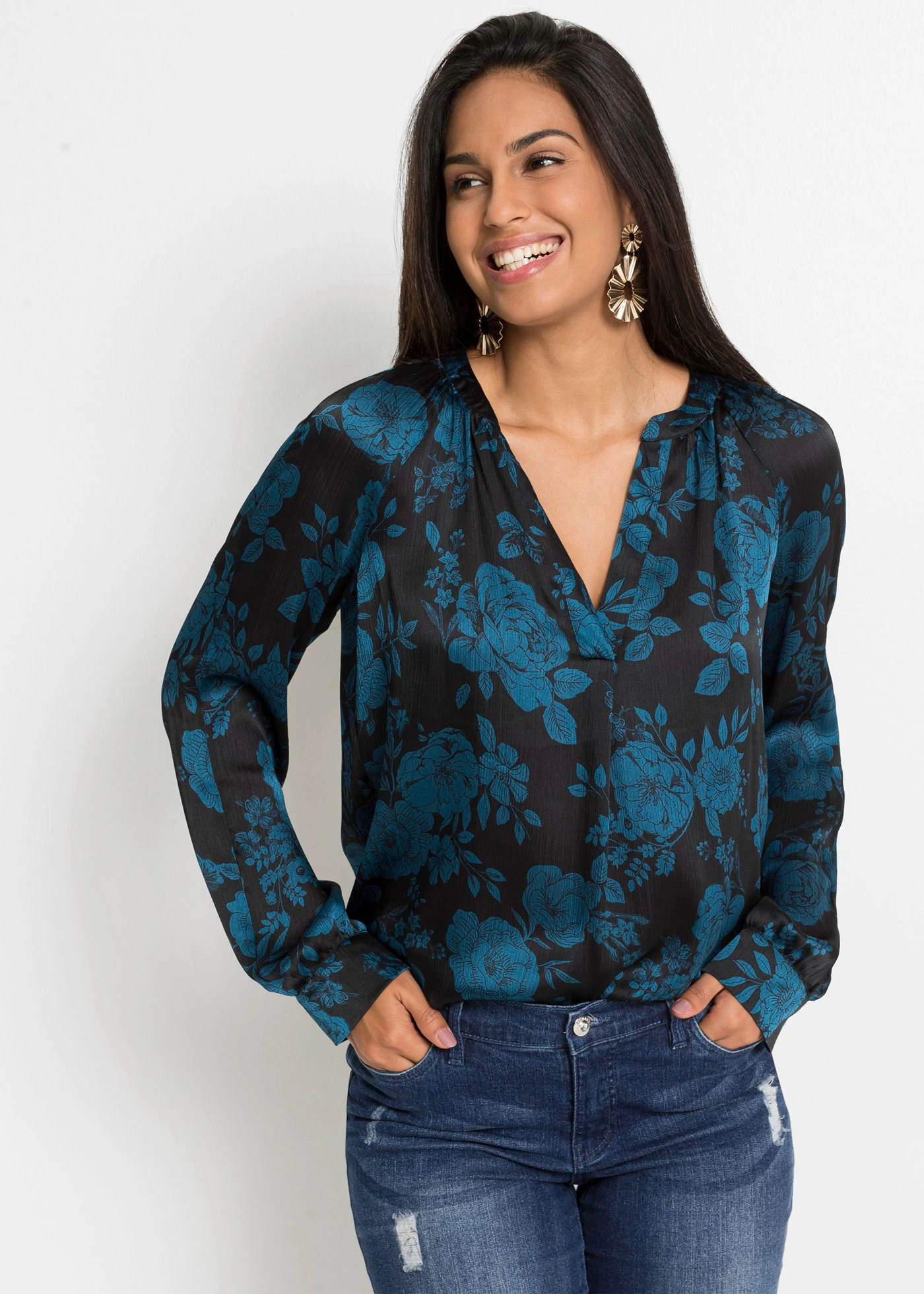 Tunique-blouse en crêpe léger • noir-pétrole floral • Boutique bonprix