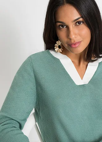 Pulover din tricotaj fin cu inserții tip cămașă • verde-salbie fumuriu + alb • magazin bonprix