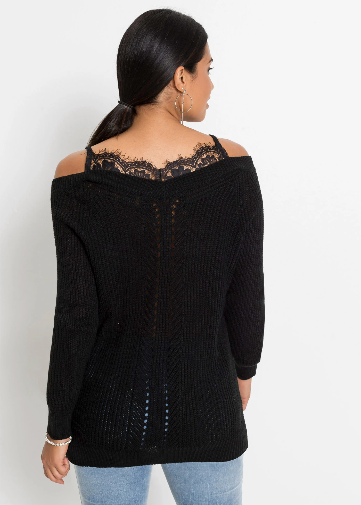 Ajour trui met kant • zwart • bonprix online shop