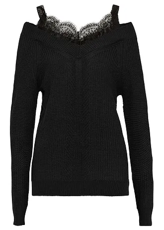 Ajour trui met kant • zwart • bonprix online shop
