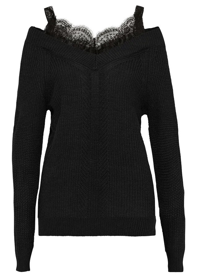 Ajour trui met kant • zwart • bonprix online shop