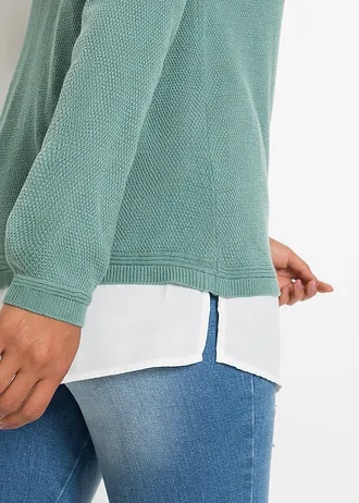 Pulover din tricotaj fin cu inserții tip cămașă • verde-salbie fumuriu + alb • magazin bonprix