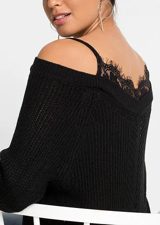 Ajour trui met kant • zwart • bonprix online shop